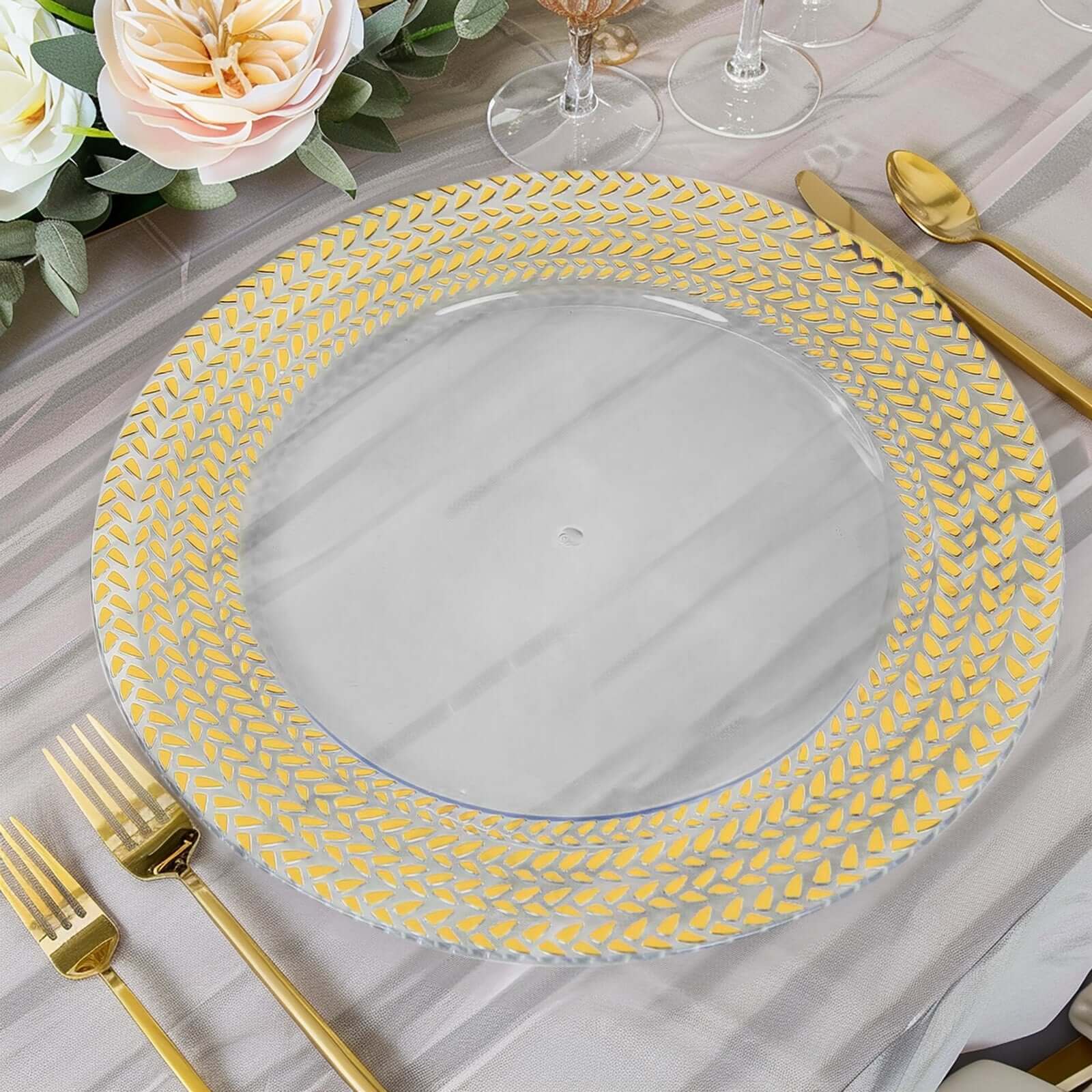 6 - Pack Acrylic Round Charger Plates 13" in Clear with Gold Wheat Pattern Rim, Stylish Dinner Party Charger Tableware - Bell Racket Store
