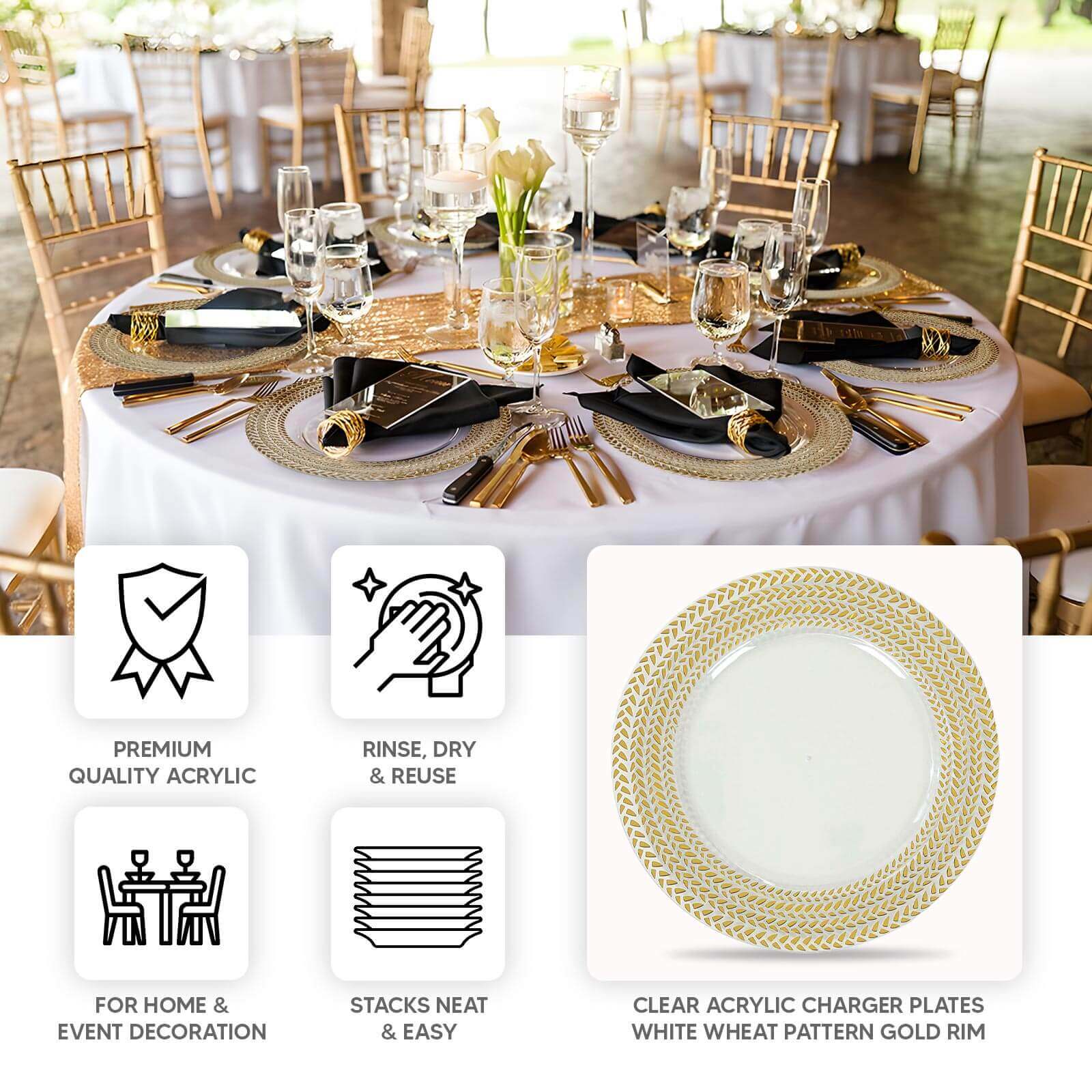 6 - Pack Acrylic Round Charger Plates 13" in Clear with Gold Wheat Pattern Rim, Stylish Dinner Party Charger Tableware - Bell Racket Store
