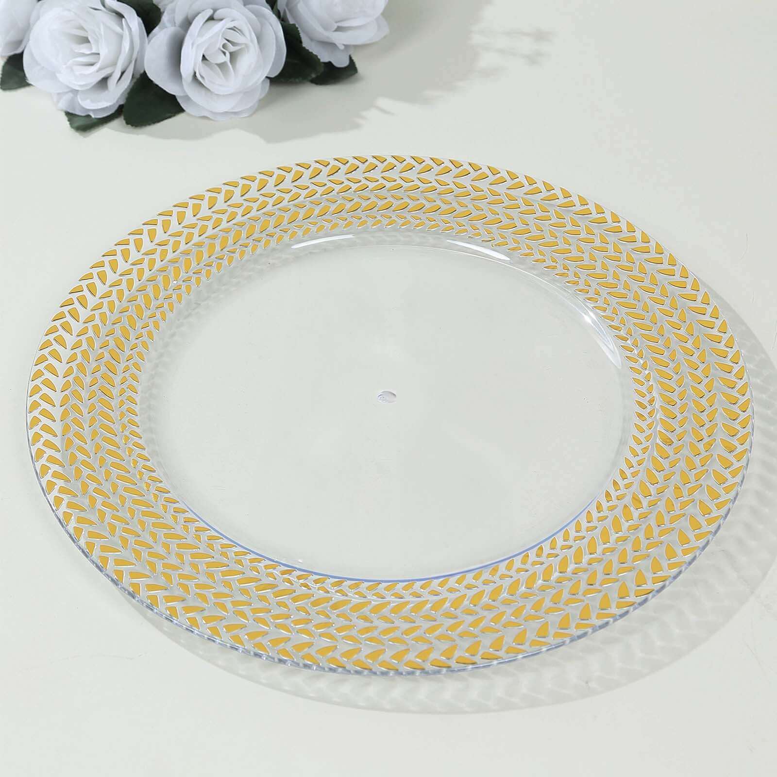 6 - Pack Acrylic Round Charger Plates 13" in Clear with Gold Wheat Pattern Rim, Stylish Dinner Party Charger Tableware - Bell Racket Store