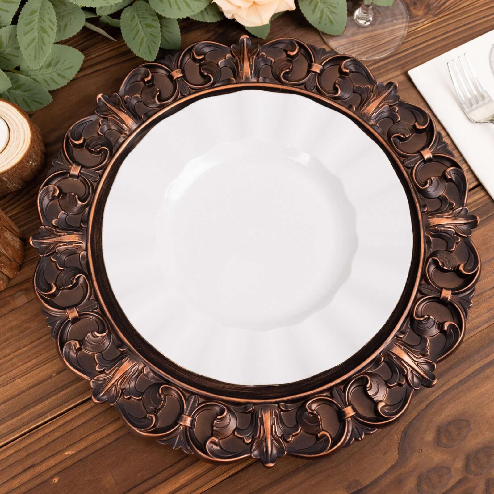 6 - Pack Acrylic Round Charger Plates 13" in Dark Brown with Aristocrat Retro Baroque Rim, Ornate Plastic Decorative Chargers - Bell Racket Store