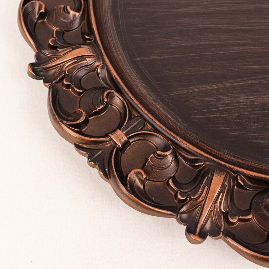 6 - Pack Acrylic Round Charger Plates 13" in Dark Brown with Aristocrat Retro Baroque Rim, Ornate Plastic Decorative Chargers - Bell Racket Store