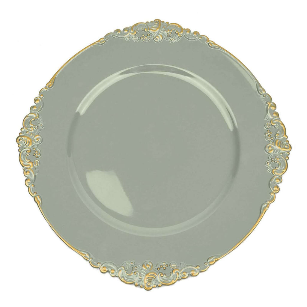6 - Pack Acrylic Round Charger Plates 13" in Dusty Sage Green with Gold Embossed Baroque Rim, Antique Decorative Dinner Party Charger Tableware - Bell Racket Store