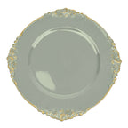 6 - Pack Acrylic Round Charger Plates 13" in Dusty Sage Green with Gold Embossed Baroque Rim, Antique Decorative Dinner Party Charger Tableware - Bell Racket Store