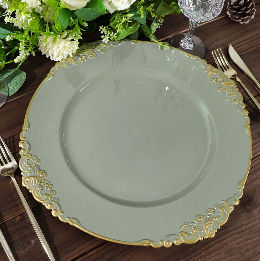 6 - Pack Acrylic Round Charger Plates 13" in Dusty Sage Green with Gold Embossed Baroque Rim, Antique Decorative Dinner Party Charger Tableware - Bell Racket Store