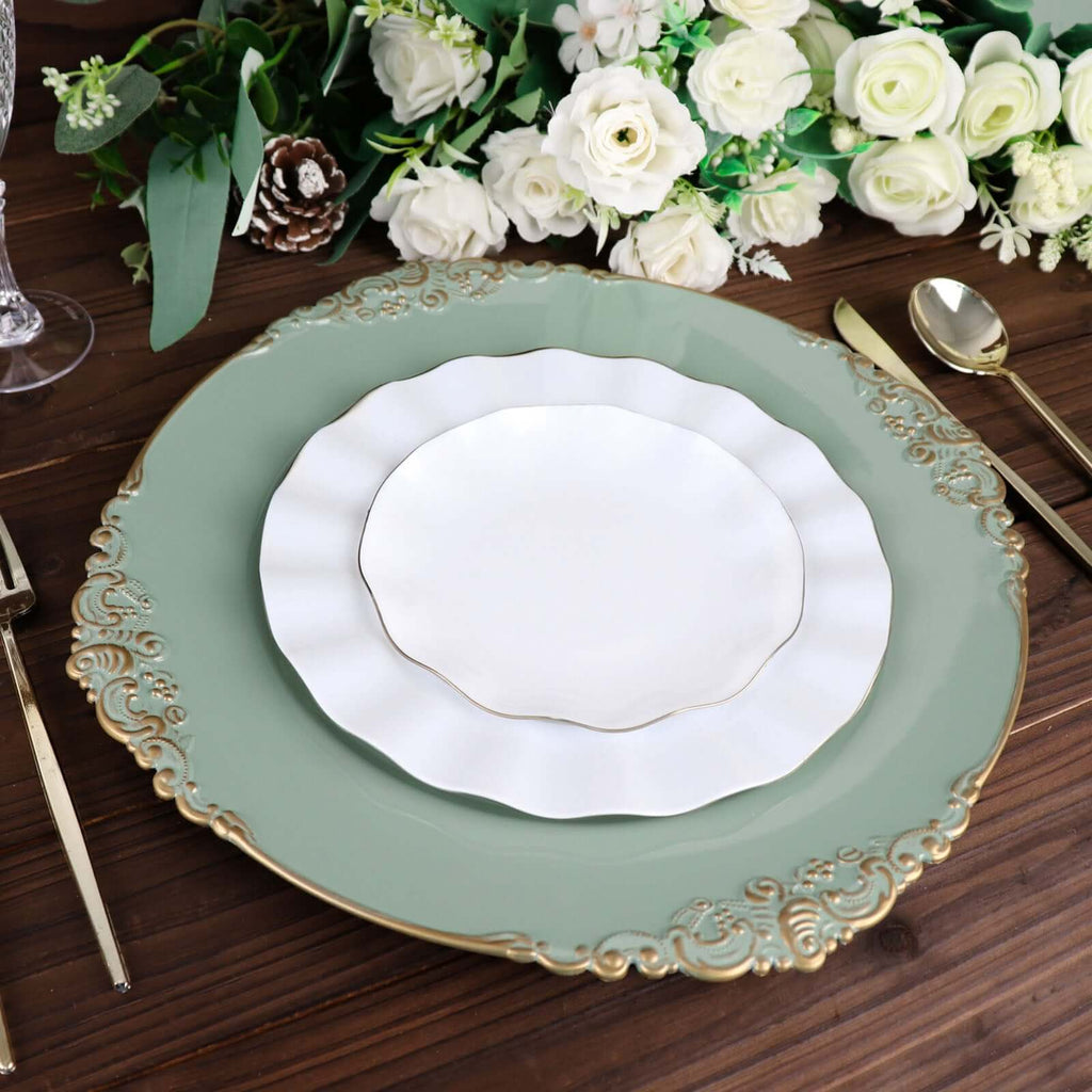 6 - Pack Acrylic Round Charger Plates 13" in Dusty Sage Green with Gold Embossed Baroque Rim, Antique Decorative Dinner Party Charger Tableware - Bell Racket Store
