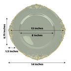 6 - Pack Acrylic Round Charger Plates 13" in Dusty Sage Green with Gold Embossed Baroque Rim, Antique Decorative Dinner Party Charger Tableware - Bell Racket Store