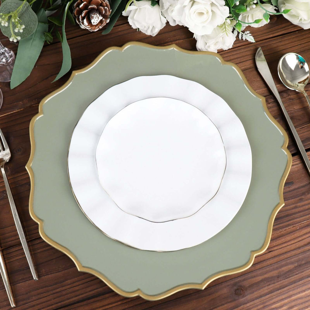 6 - Pack Acrylic Round Charger Plates 13" in Dusty Sage Green with Gold Scalloped Rim, Decorative Dinner Party Plastic Charger Tableware - Bell Racket Store
