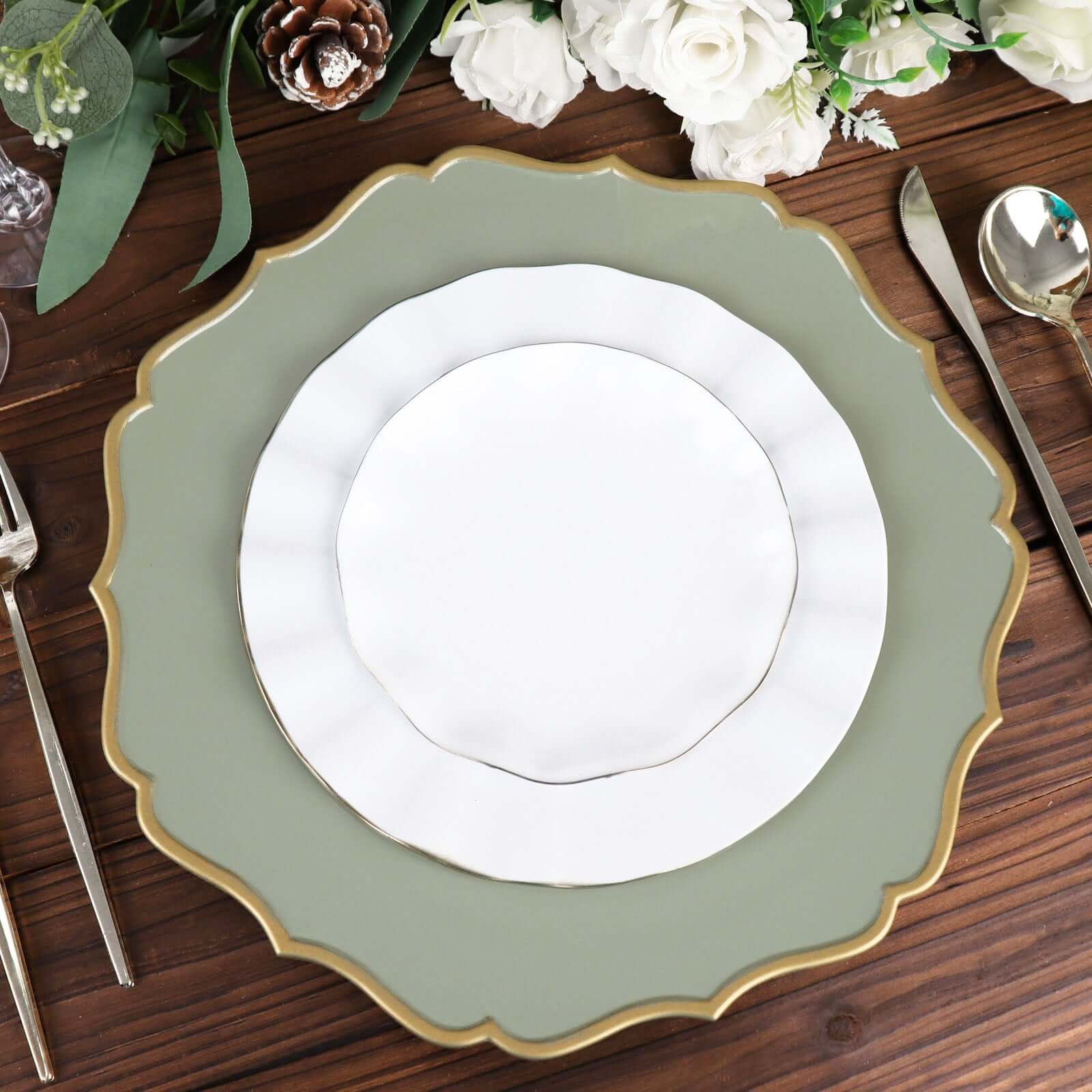 6 - Pack Acrylic Round Charger Plates 13" in Dusty Sage Green with Gold Scalloped Rim, Decorative Dinner Party Plastic Charger Tableware - Bell Racket Store