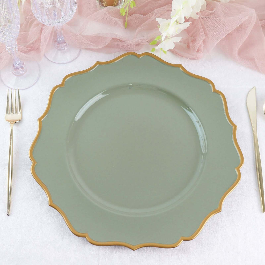 6 - Pack Acrylic Round Charger Plates 13" in Dusty Sage Green with Gold Scalloped Rim, Decorative Dinner Party Plastic Charger Tableware - Bell Racket Store