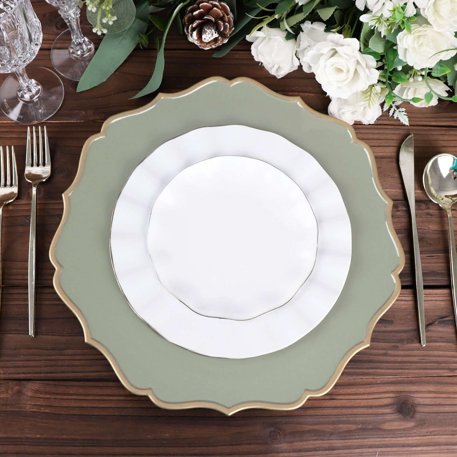 6 - Pack Acrylic Round Charger Plates 13" in Dusty Sage Green with Gold Scalloped Rim, Decorative Dinner Party Plastic Charger Tableware - Bell Racket Store