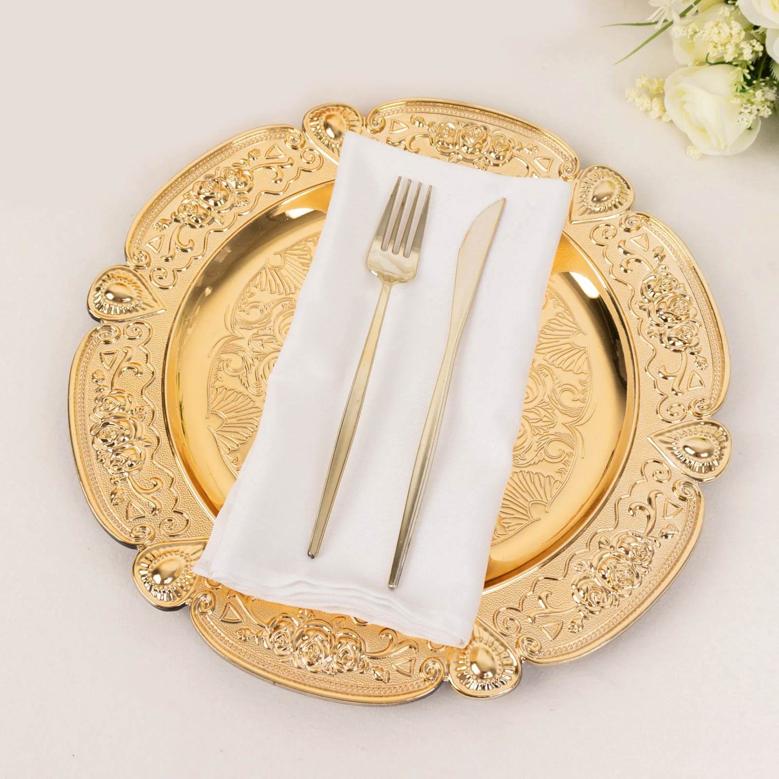 6 - Pack Acrylic Round Charger Plates 13" in Gold Floral Embossed with Scalloped Rim, Plastic Decorative Charger Tableware - Bell Racket Store