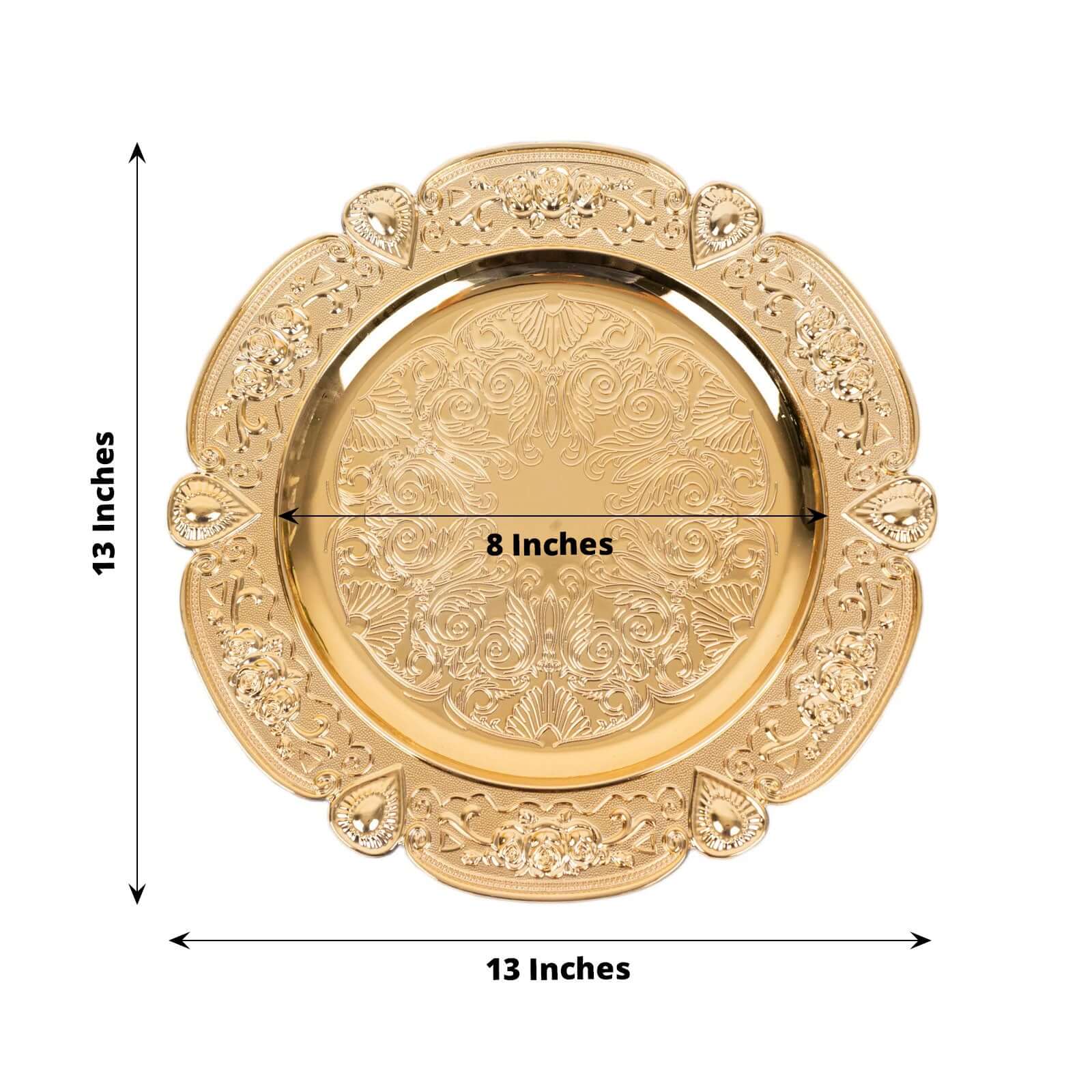 6 - Pack Acrylic Round Charger Plates 13" in Gold Floral Embossed with Scalloped Rim, Plastic Decorative Charger Tableware - Bell Racket Store