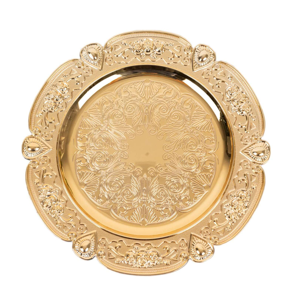 6 - Pack Acrylic Round Charger Plates 13" in Gold Floral Embossed with Scalloped Rim, Plastic Decorative Charger Tableware - Bell Racket Store