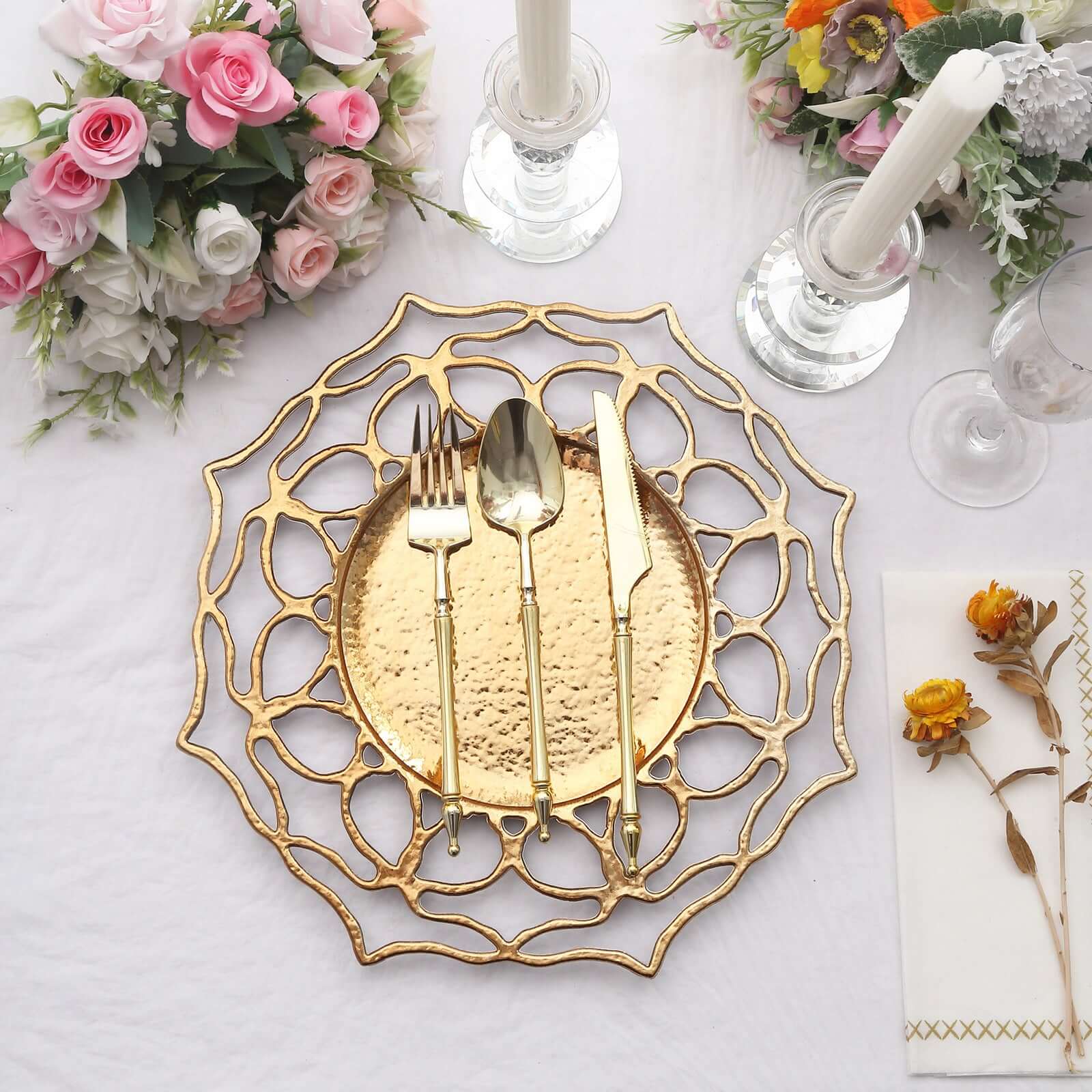 6 - Pack Acrylic Round Charger Plates 13" in Gold with Floral Cutout Design, Hollow Flower Plastic Decorative Dinner Party Charger Tableware - Bell Racket Store