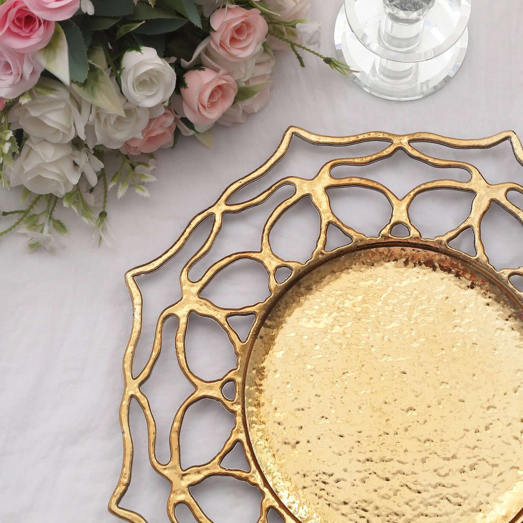 6 - Pack Acrylic Round Charger Plates 13" in Gold with Floral Cutout Design, Hollow Flower Plastic Decorative Dinner Party Charger Tableware - Bell Racket Store