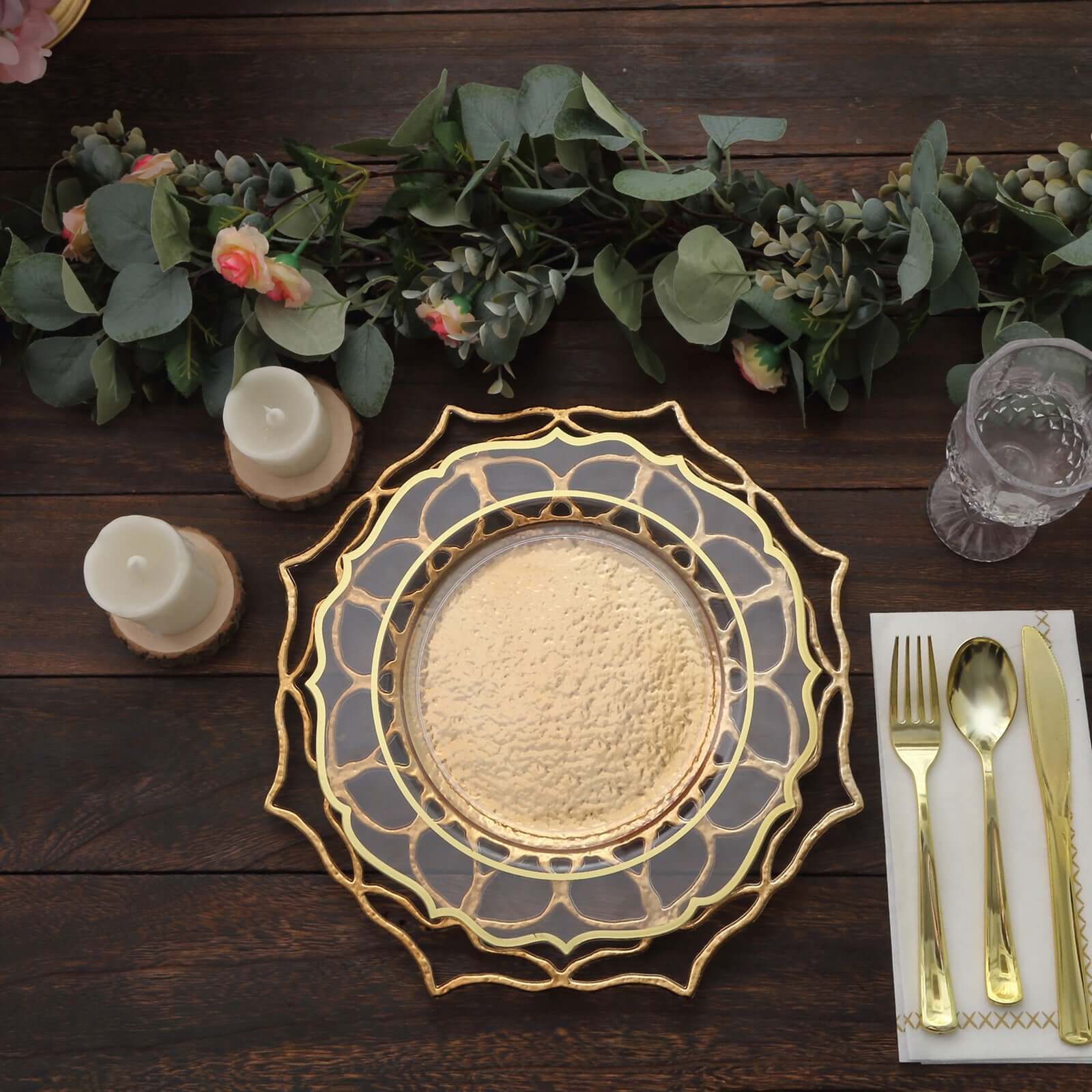 6 - Pack Acrylic Round Charger Plates 13" in Gold with Floral Cutout Design, Hollow Flower Plastic Decorative Dinner Party Charger Tableware - Bell Racket Store