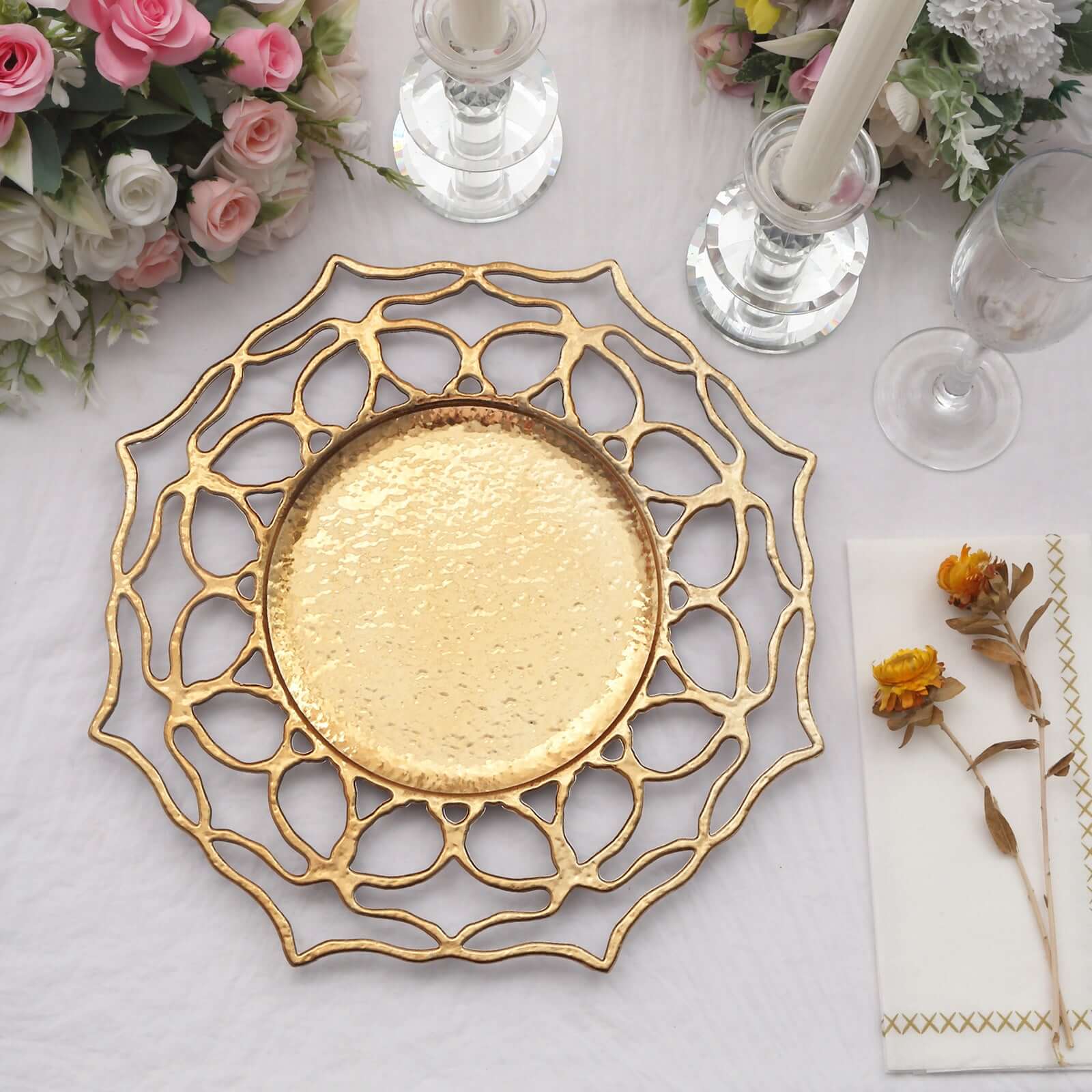 6 - Pack Acrylic Round Charger Plates 13" in Gold with Floral Cutout Design, Hollow Flower Plastic Decorative Dinner Party Charger Tableware - Bell Racket Store