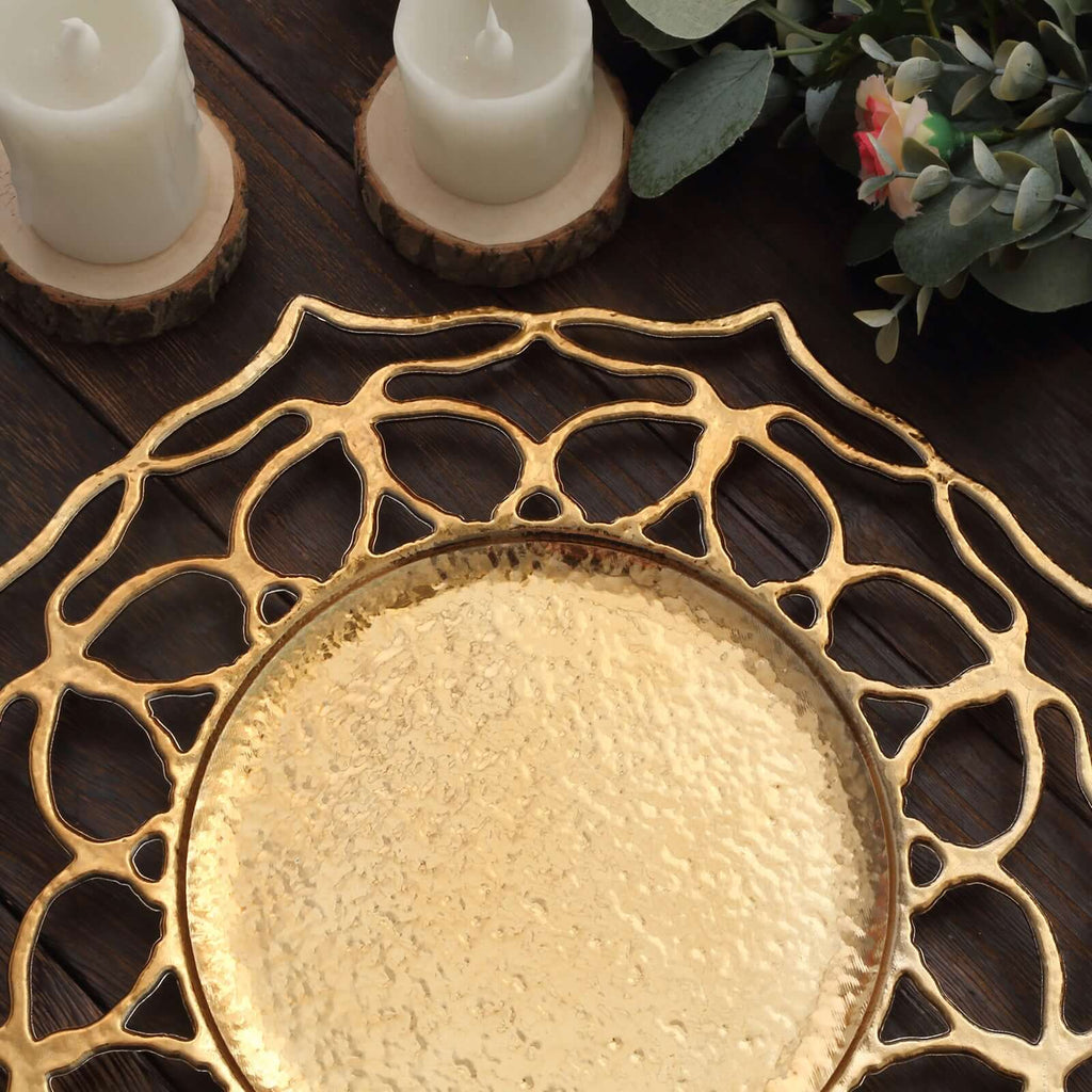 6 - Pack Acrylic Round Charger Plates 13" in Gold with Floral Cutout Design, Hollow Flower Plastic Decorative Dinner Party Charger Tableware - Bell Racket Store