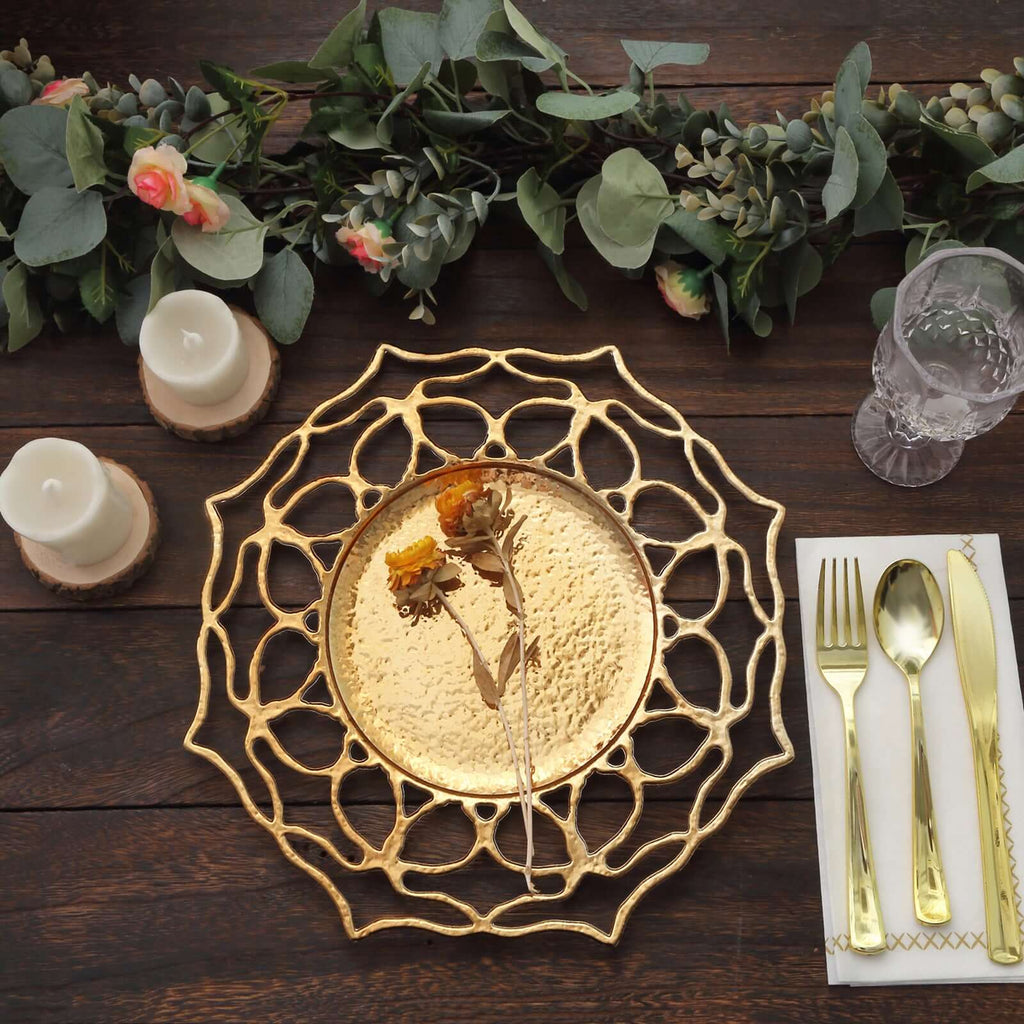 6 - Pack Acrylic Round Charger Plates 13" in Gold with Floral Cutout Design, Hollow Flower Plastic Decorative Dinner Party Charger Tableware - Bell Racket Store