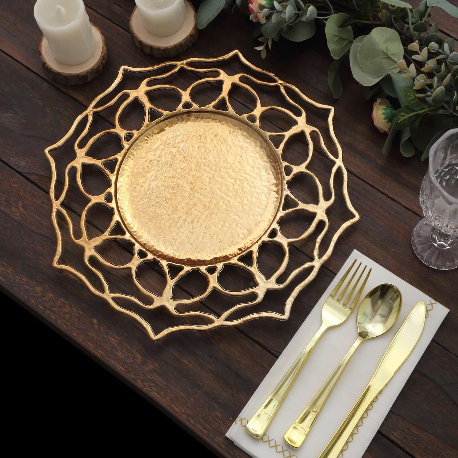 6 - Pack Acrylic Round Charger Plates 13" in Gold with Floral Cutout Design, Hollow Flower Plastic Decorative Dinner Party Charger Tableware - Bell Racket Store