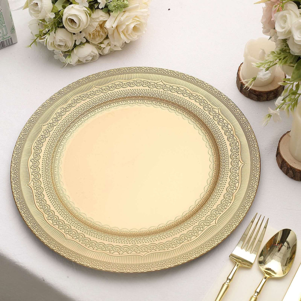 6-Pack Acrylic Round Charger Plates 13" in Gold with Lace Embossed Rim, Rustic Plastic Decorative Charger Tableware