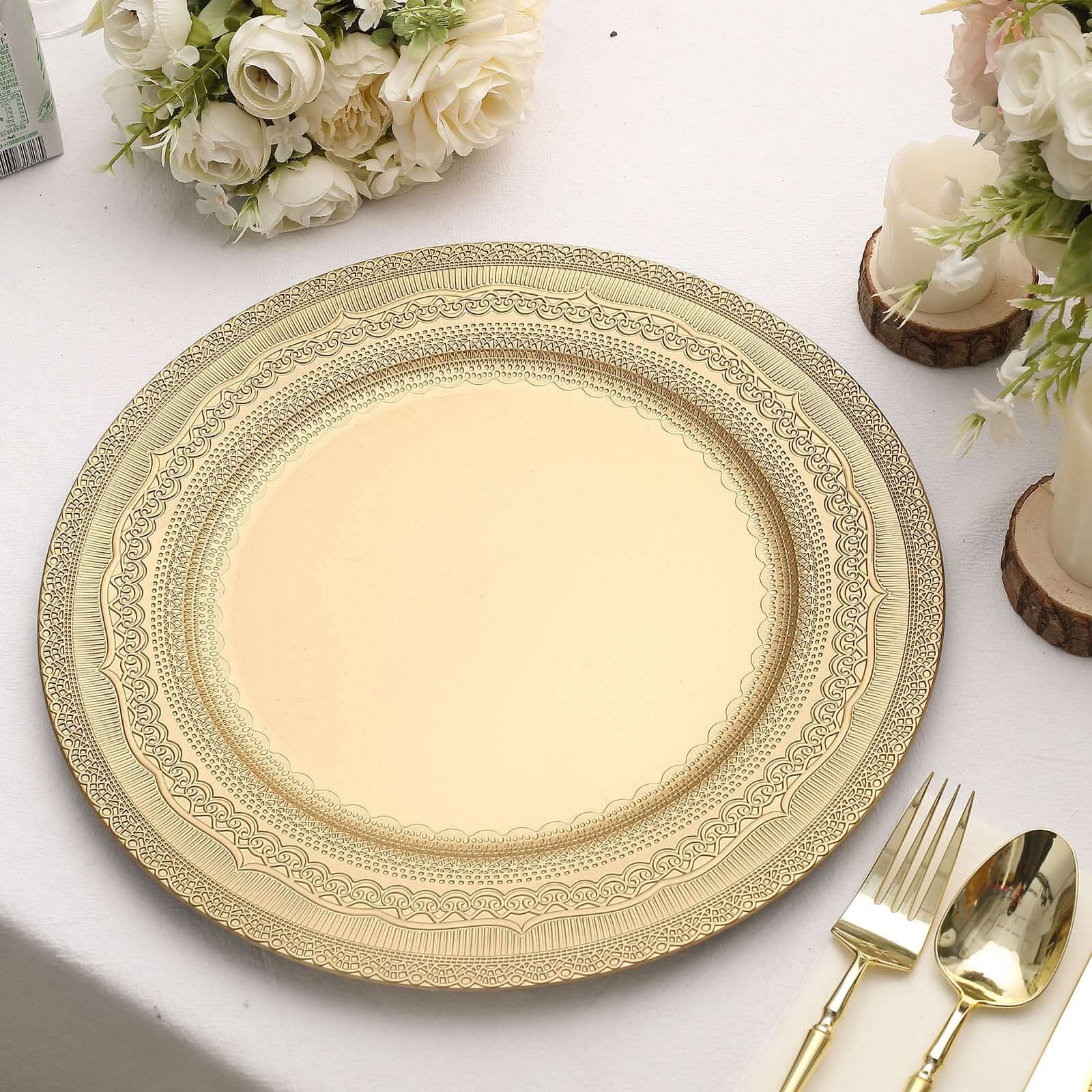 6-Pack Acrylic Round Charger Plates 13" in Gold with Lace Embossed Rim, Rustic Plastic Decorative Charger Tableware