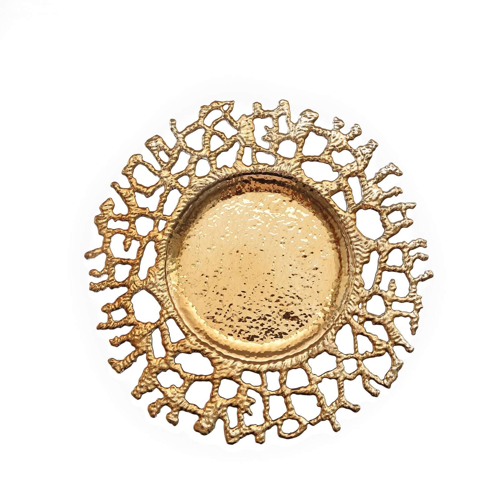 6 - Pack Acrylic Round Charger Plates 13" in Gold with Molten Branch Design, Plastic Hollow Lace Decorative Dinner Party Charger Tableware - Bell Racket Store