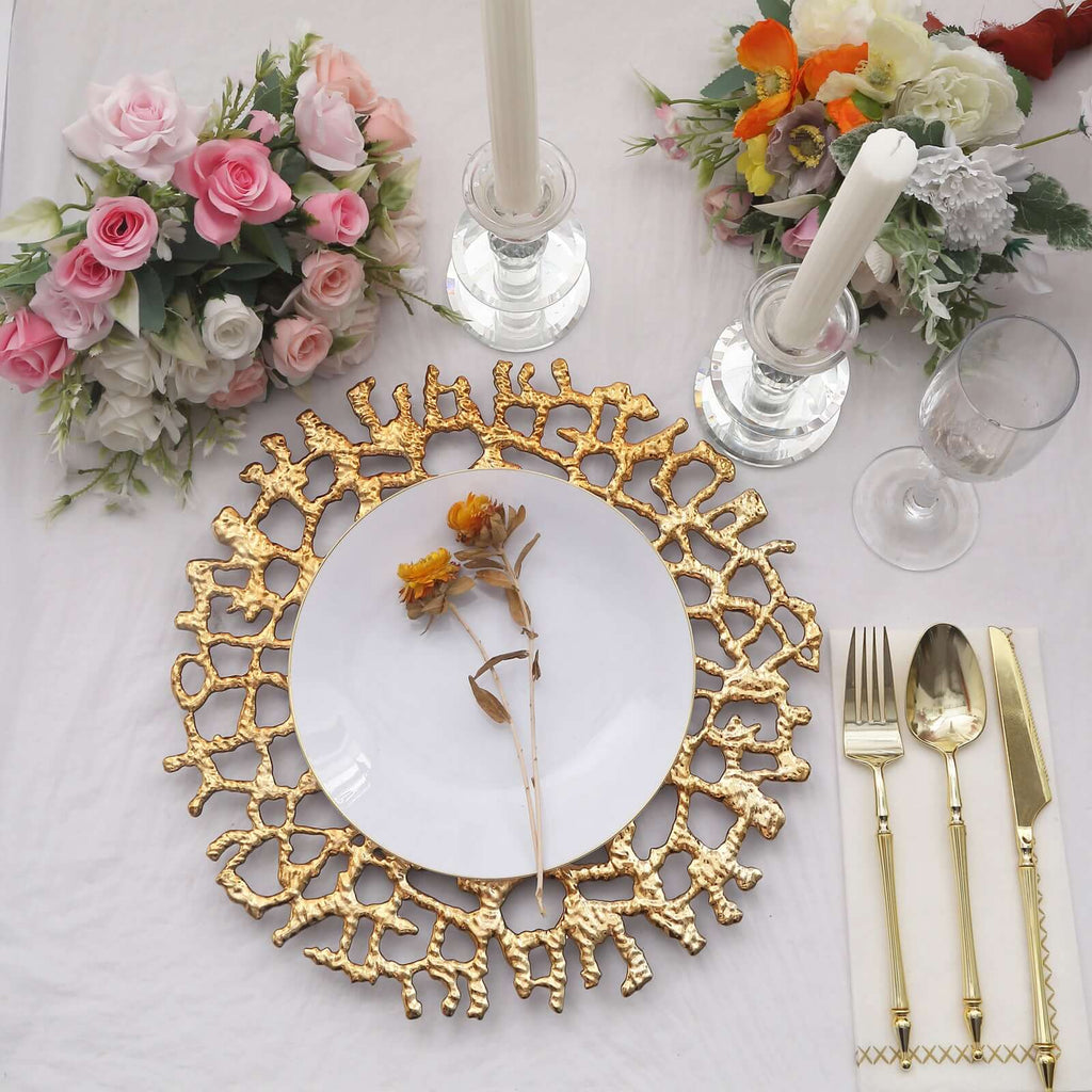 6 - Pack Acrylic Round Charger Plates 13" in Gold with Molten Branch Design, Plastic Hollow Lace Decorative Dinner Party Charger Tableware - Bell Racket Store