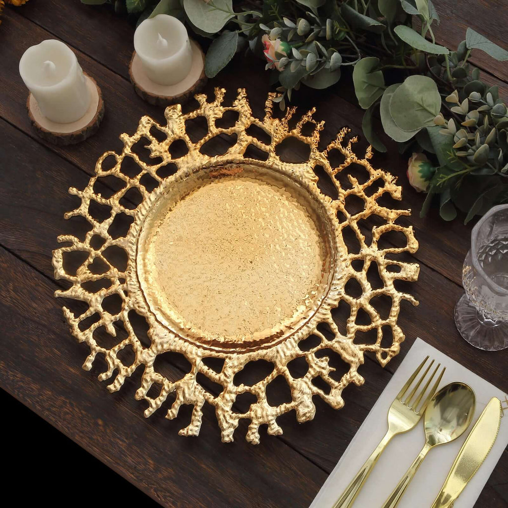 6 - Pack Acrylic Round Charger Plates 13" in Gold with Molten Branch Design, Plastic Hollow Lace Decorative Dinner Party Charger Tableware - Bell Racket Store
