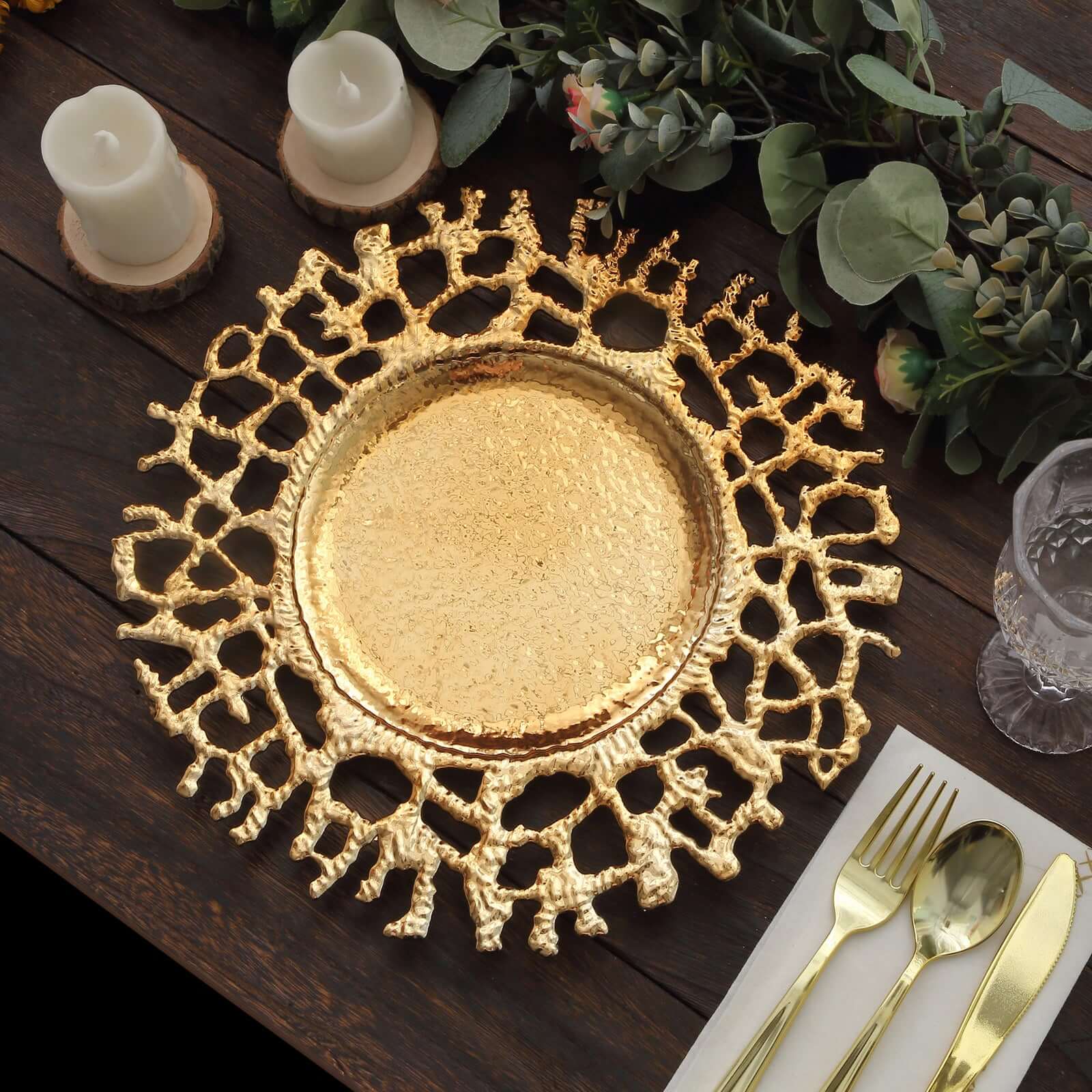 6 - Pack Acrylic Round Charger Plates 13" in Gold with Molten Branch Design, Plastic Hollow Lace Decorative Dinner Party Charger Tableware - Bell Racket Store