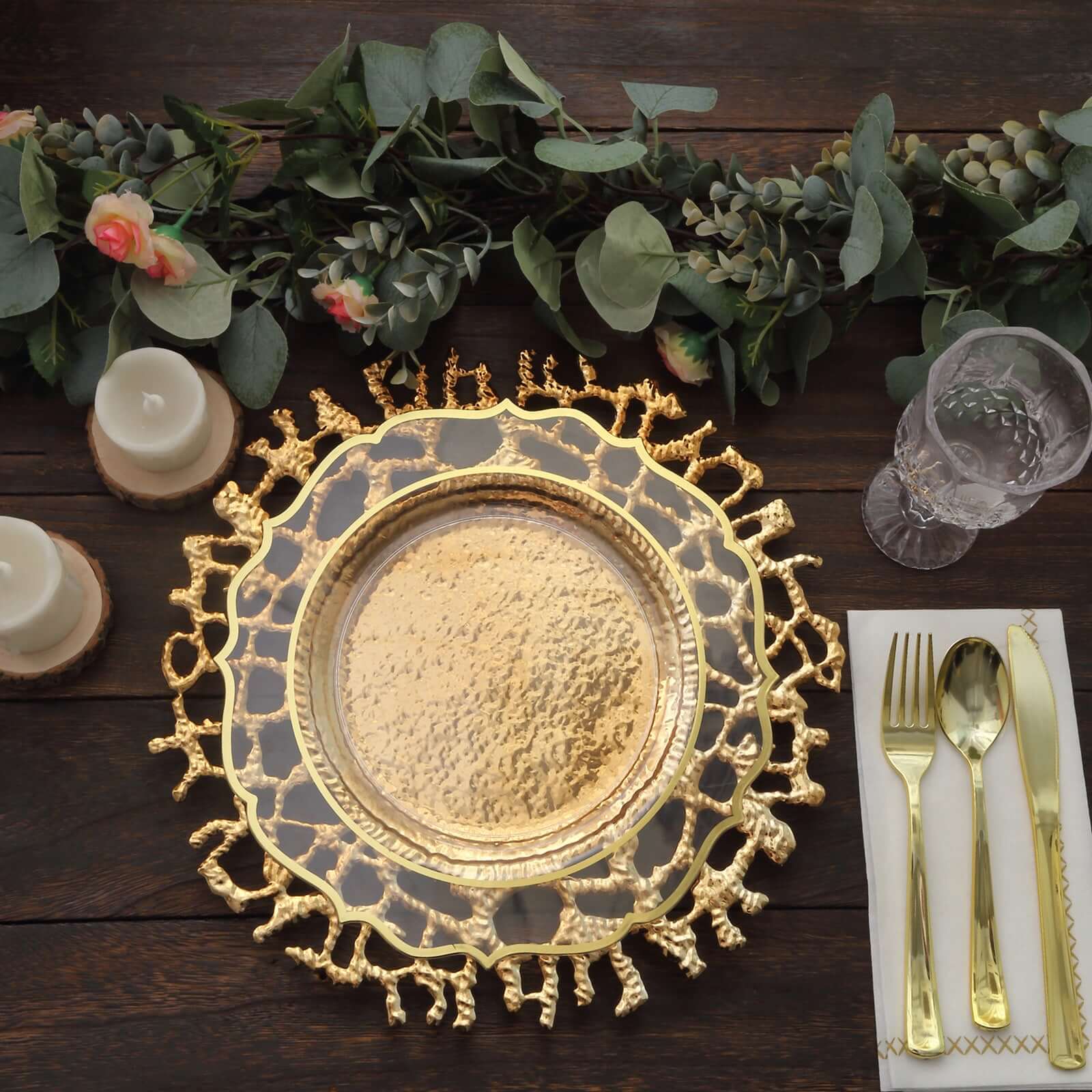 6 - Pack Acrylic Round Charger Plates 13" in Gold with Molten Branch Design, Plastic Hollow Lace Decorative Dinner Party Charger Tableware - Bell Racket Store