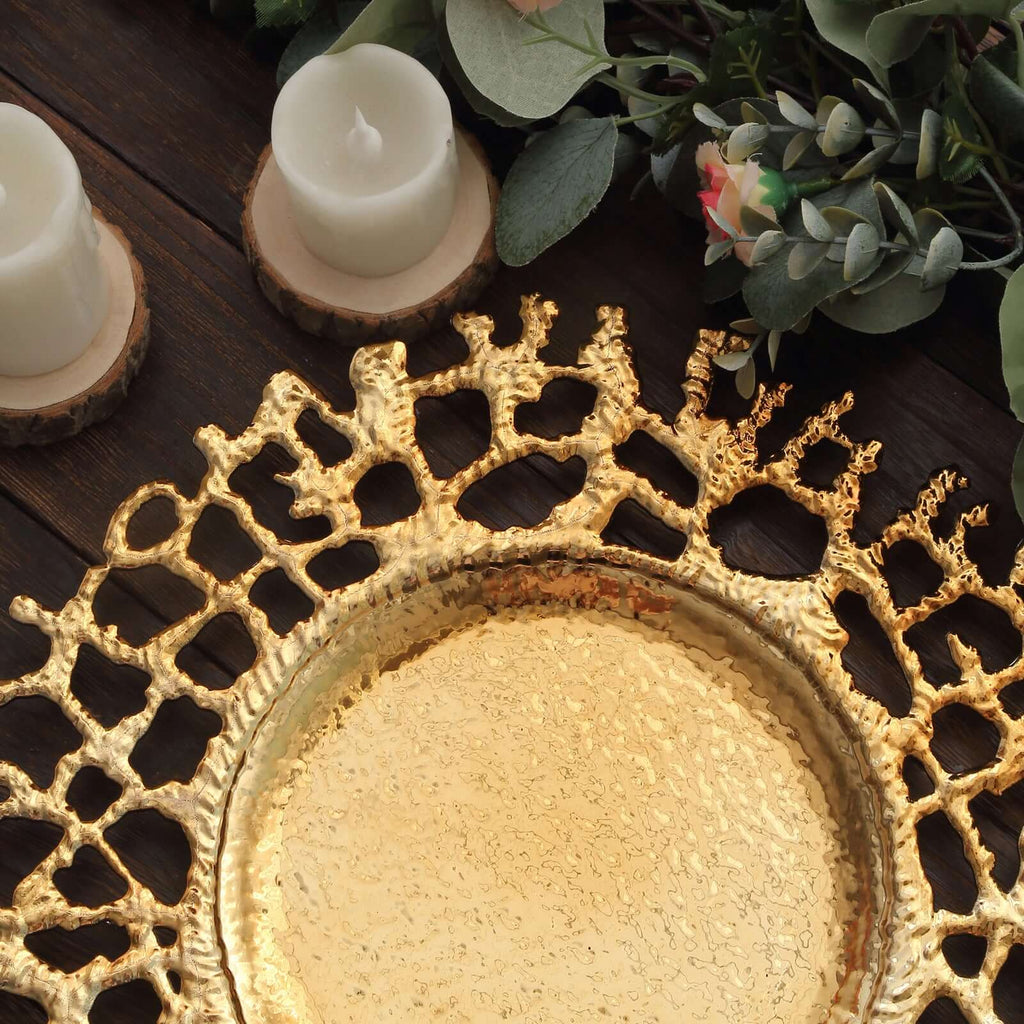 6 - Pack Acrylic Round Charger Plates 13" in Gold with Molten Branch Design, Plastic Hollow Lace Decorative Dinner Party Charger Tableware - Bell Racket Store