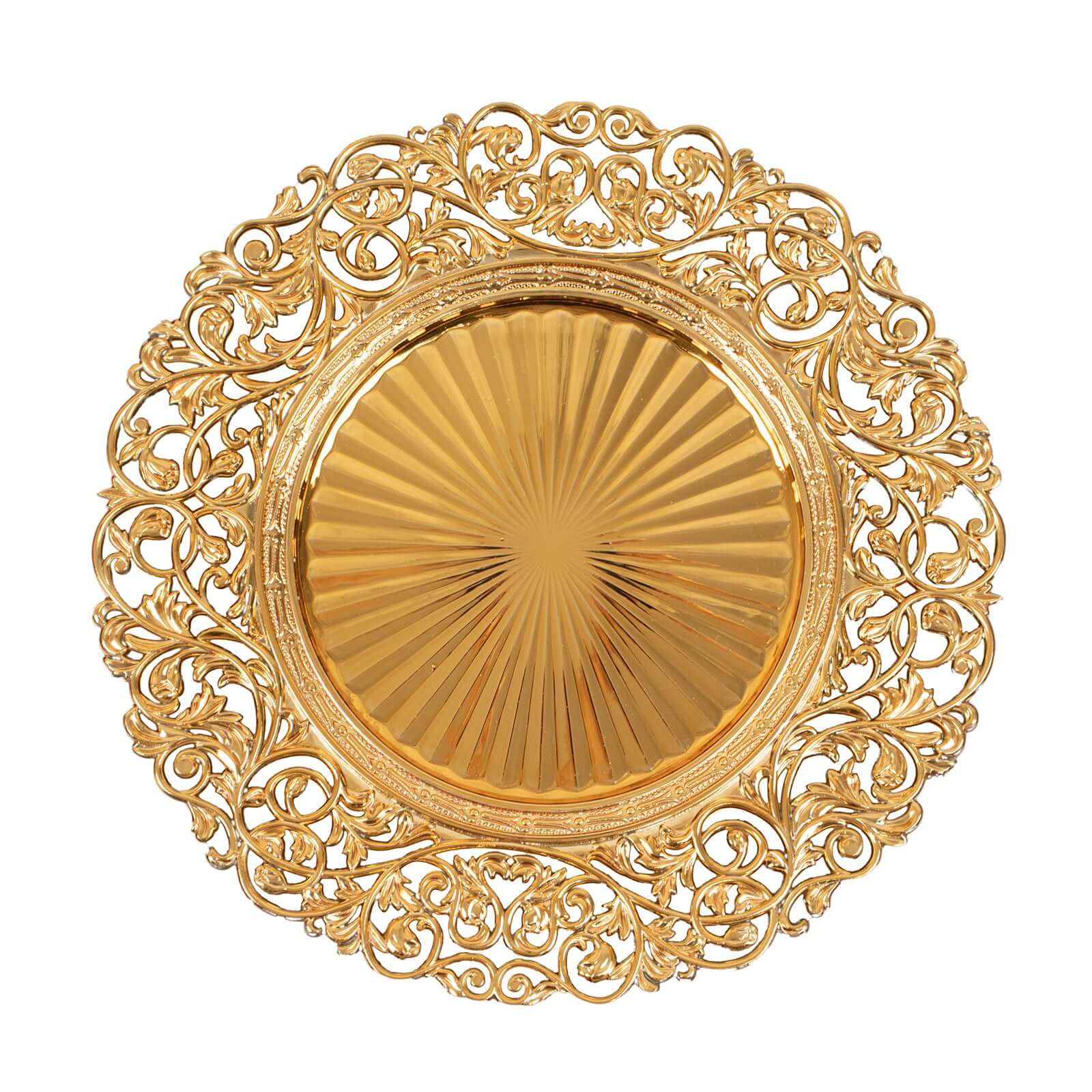 6 - Pack Acrylic Round Charger Plates 13" in Gold with Vintage Floral Carved Rim, Event Tabletop Decorative Charger Tableware - Bell Racket Store