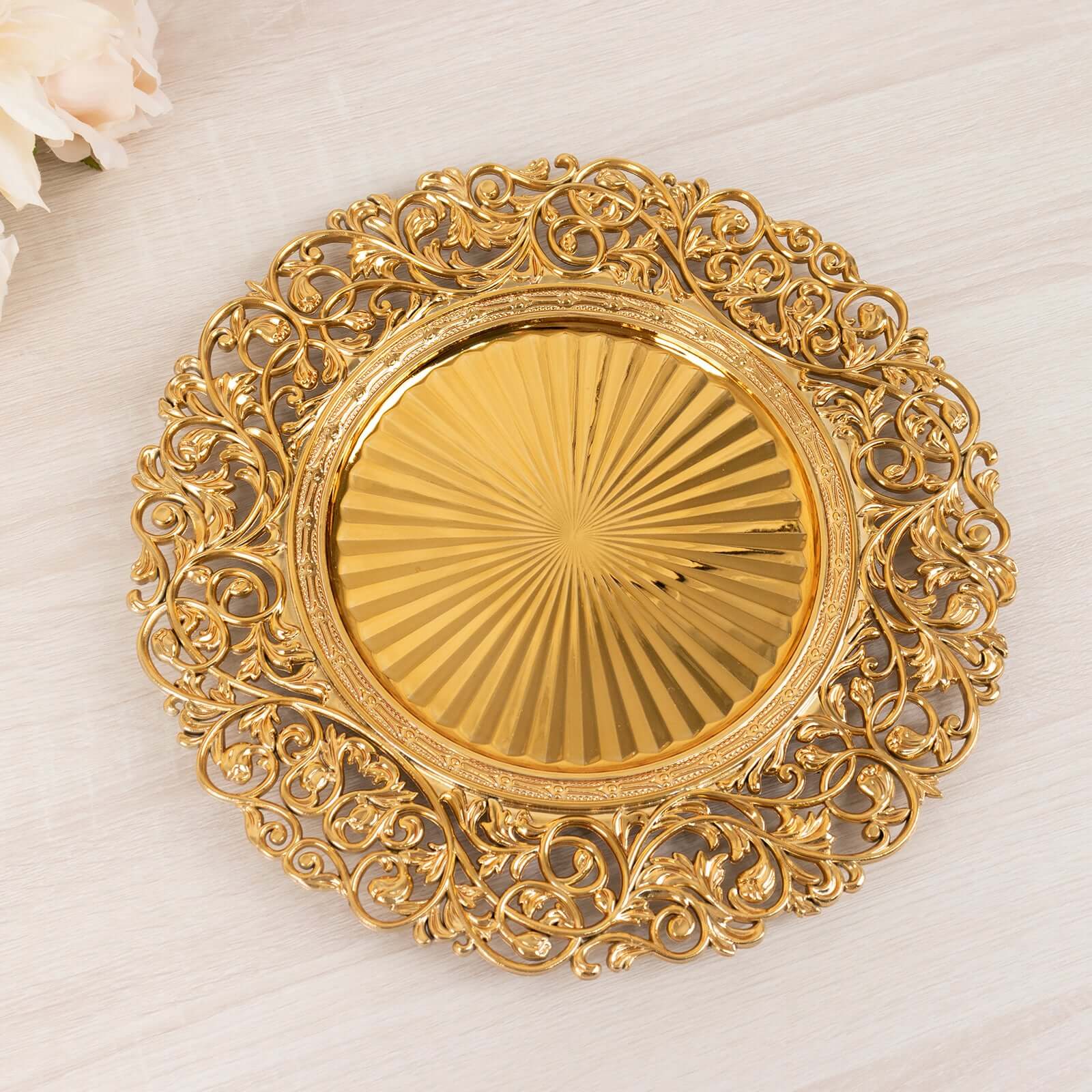 6 - Pack Acrylic Round Charger Plates 13" in Gold with Vintage Floral Carved Rim, Event Tabletop Decorative Charger Tableware - Bell Racket Store