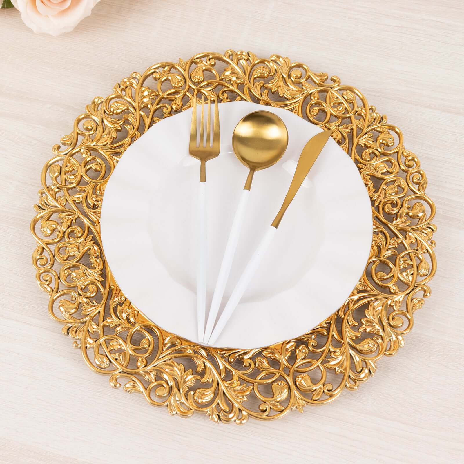 6 - Pack Acrylic Round Charger Plates 13" in Gold with Vintage Floral Carved Rim, Event Tabletop Decorative Charger Tableware - Bell Racket Store