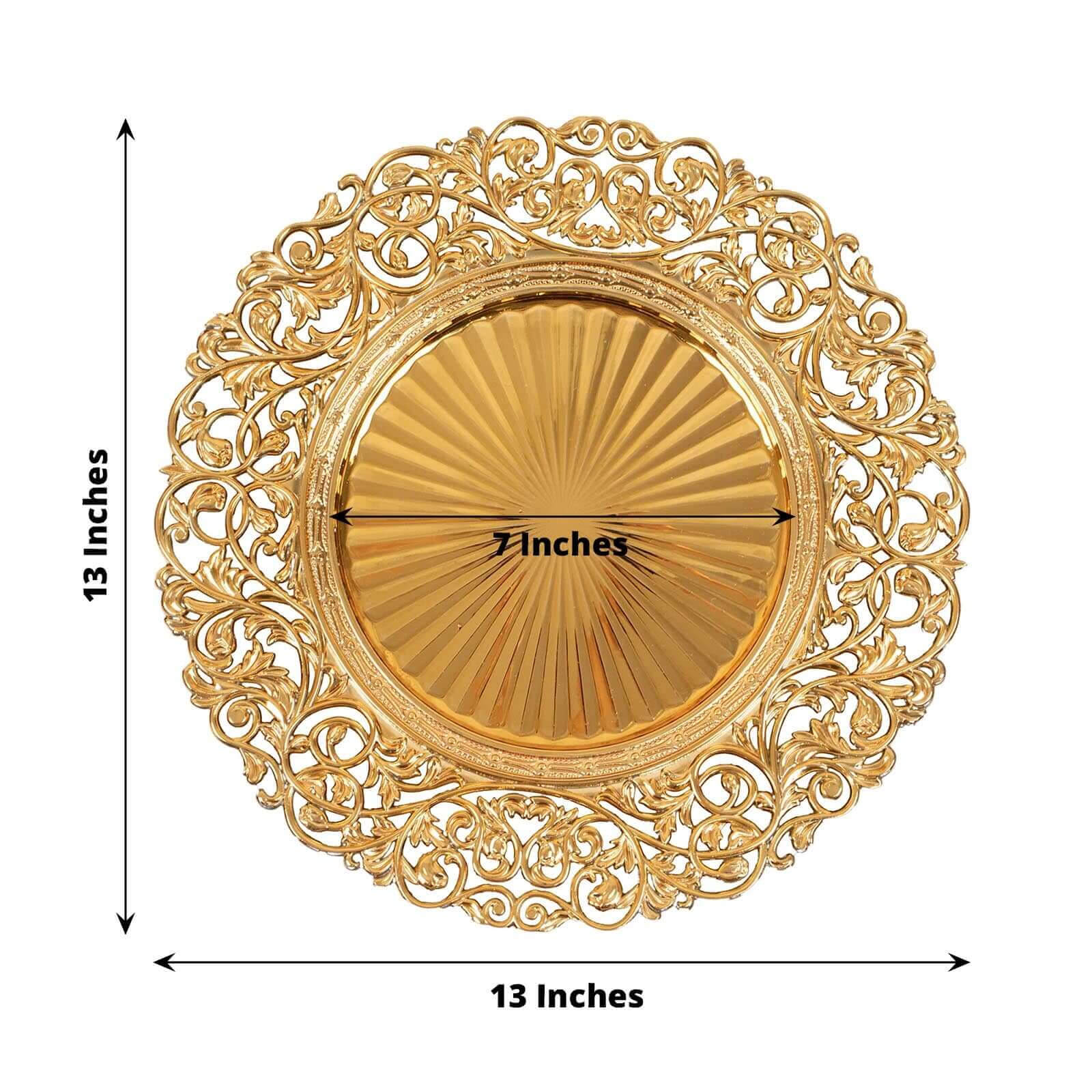 6 - Pack Acrylic Round Charger Plates 13" in Gold with Vintage Floral Carved Rim, Event Tabletop Decorative Charger Tableware - Bell Racket Store