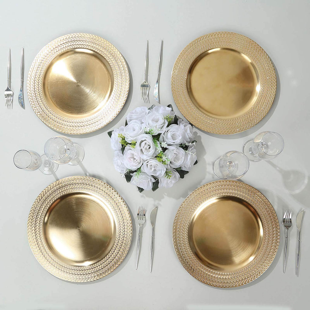 6 - Pack Acrylic Round Charger Plates 13" in Gold with Wheat Pattern Rim, Stylish Dinner Party Charger Tableware - Bell Racket Store