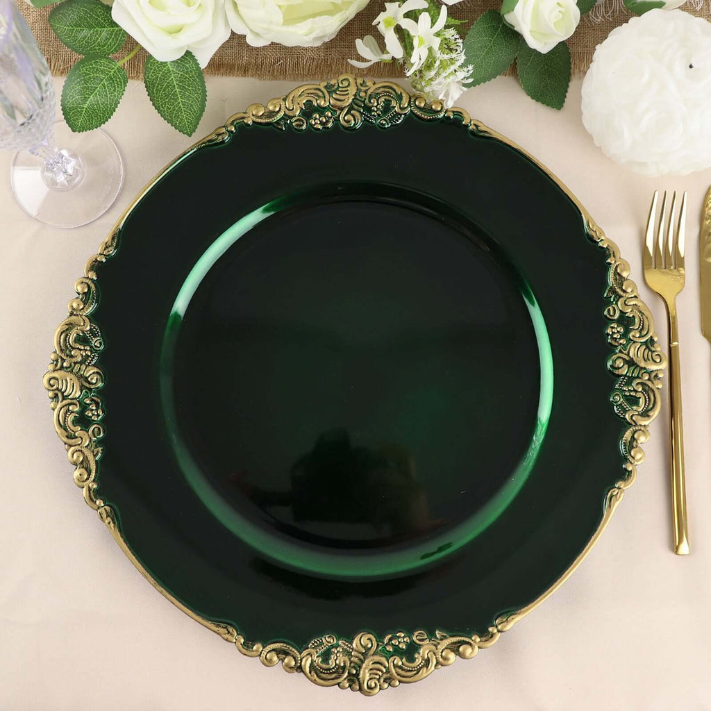 6 - Pack Acrylic Round Charger Plates 13" in Hunter Emerald Green with Gold Embossed Baroque Rim, Antique Decorative Dinner Party Charger Tableware - Bell Racket Store