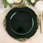 6 - Pack Acrylic Round Charger Plates 13" in Hunter Emerald Green with Gold Embossed Baroque Rim, Antique Decorative Dinner Party Charger Tableware - Bell Racket Store