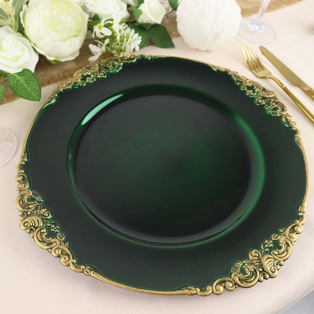6 - Pack Acrylic Round Charger Plates 13" in Hunter Emerald Green with Gold Embossed Baroque Rim, Antique Decorative Dinner Party Charger Tableware - Bell Racket Store
