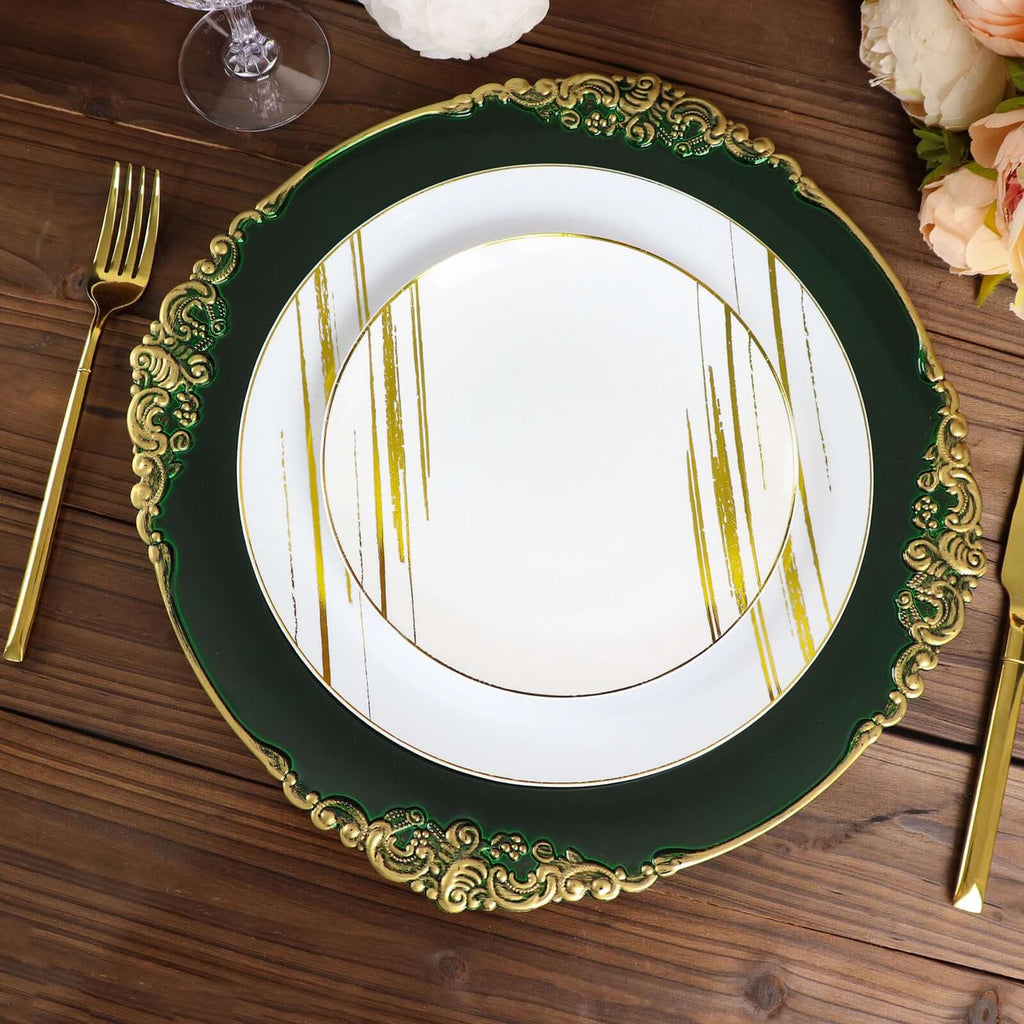 6 - Pack Acrylic Round Charger Plates 13" in Hunter Emerald Green with Gold Embossed Baroque Rim, Antique Decorative Dinner Party Charger Tableware - Bell Racket Store