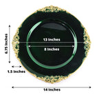6 - Pack Acrylic Round Charger Plates 13" in Hunter Emerald Green with Gold Embossed Baroque Rim, Antique Decorative Dinner Party Charger Tableware - Bell Racket Store