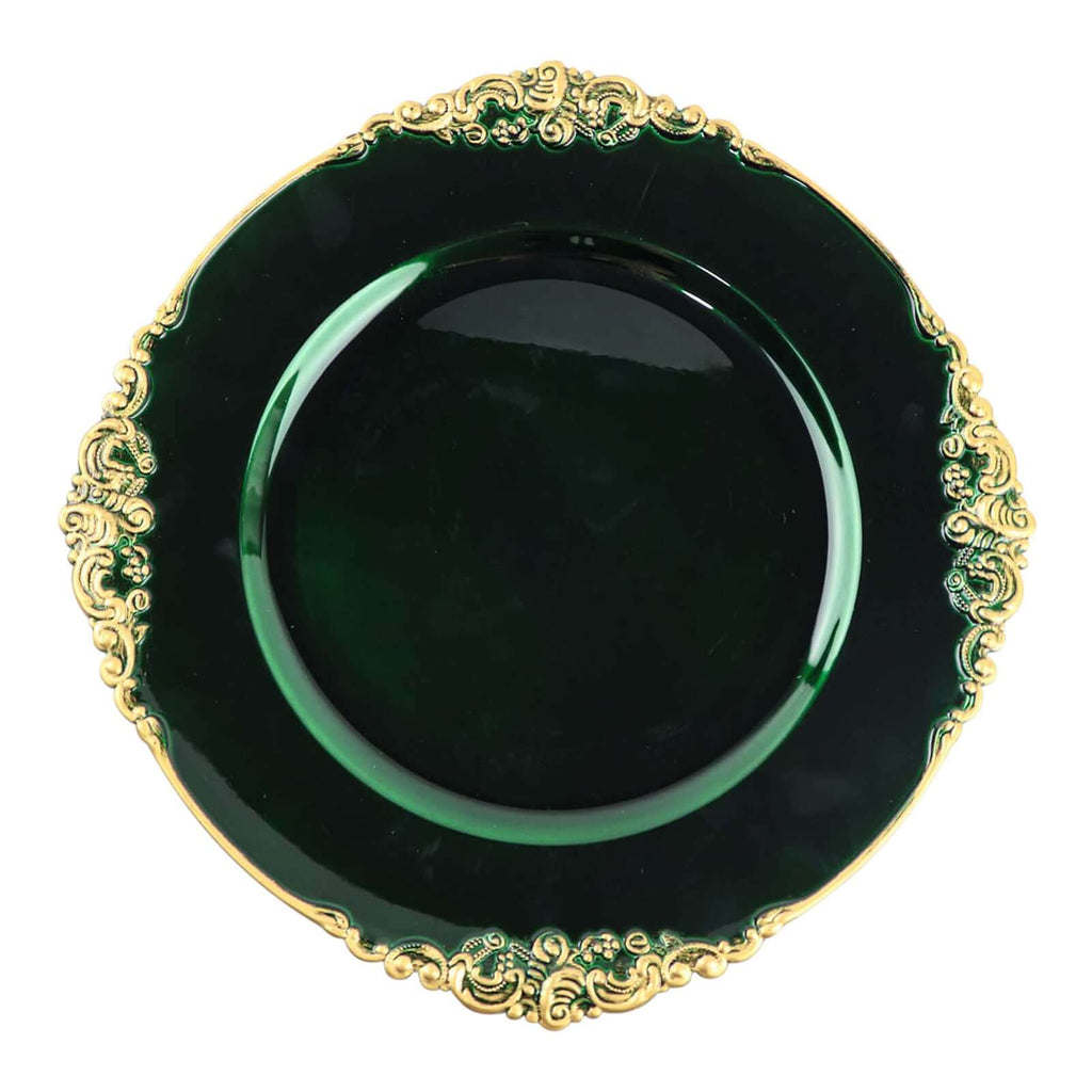 6 - Pack Acrylic Round Charger Plates 13" in Hunter Emerald Green with Gold Embossed Baroque Rim, Antique Decorative Dinner Party Charger Tableware - Bell Racket Store