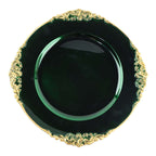 6 - Pack Acrylic Round Charger Plates 13" in Hunter Emerald Green with Gold Embossed Baroque Rim, Antique Decorative Dinner Party Charger Tableware - Bell Racket Store