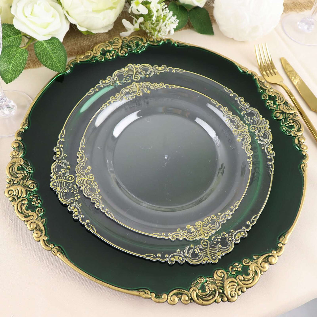 6 - Pack Acrylic Round Charger Plates 13" in Hunter Emerald Green with Gold Embossed Baroque Rim, Antique Decorative Dinner Party Charger Tableware - Bell Racket Store