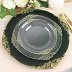 6 - Pack Acrylic Round Charger Plates 13" in Hunter Emerald Green with Gold Embossed Baroque Rim, Antique Decorative Dinner Party Charger Tableware - Bell Racket Store