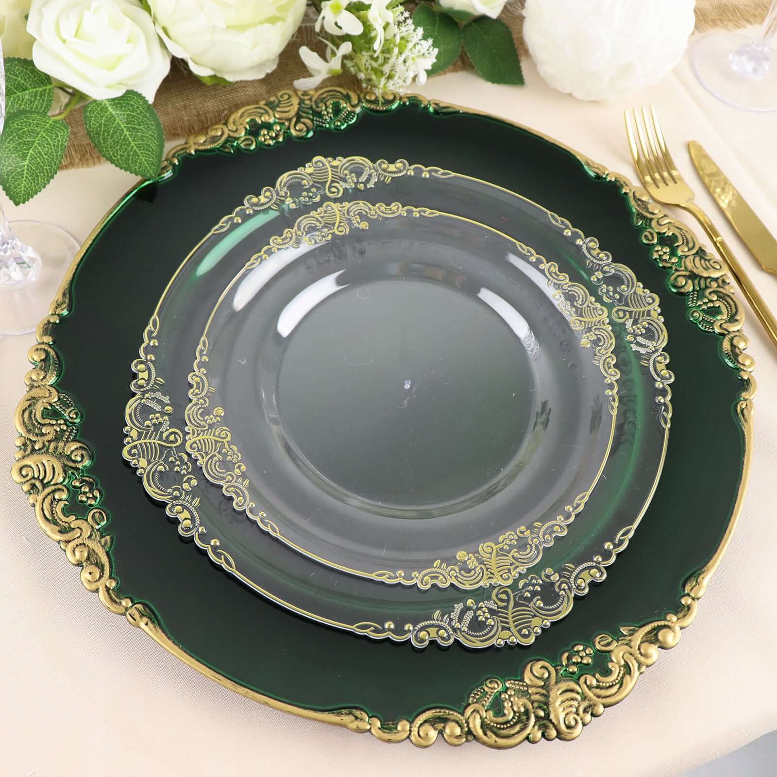6 - Pack Acrylic Round Charger Plates 13" in Hunter Emerald Green with Gold Embossed Baroque Rim, Antique Decorative Dinner Party Charger Tableware - Bell Racket Store