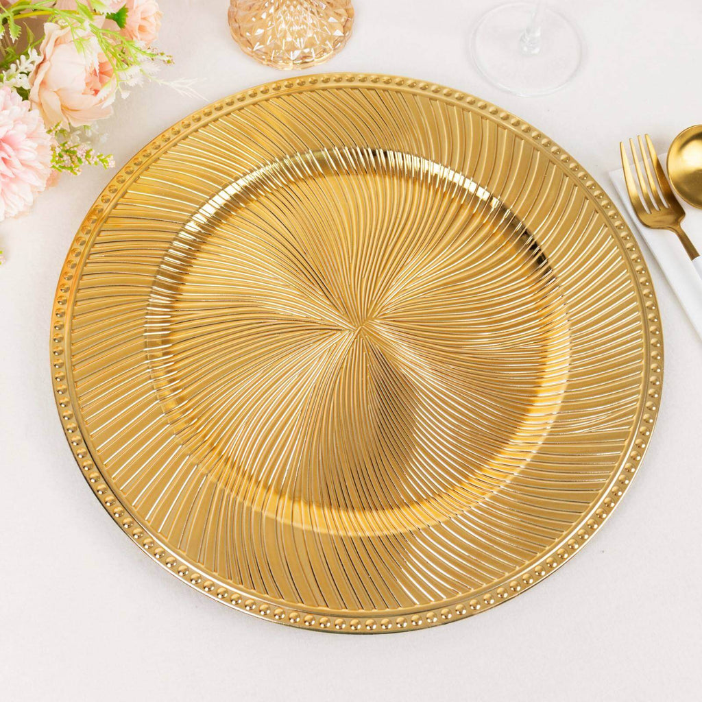 6 - Pack Acrylic Round Charger Plates 13" in Metallic Gold Swirl Pattern with Beaded Rim, Plastic Decorative Dinner Party Charger Tableware - Bell Racket Store