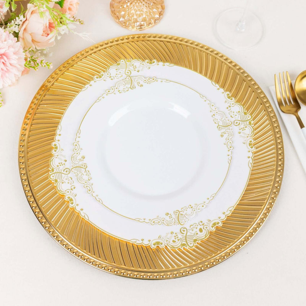 6 - Pack Acrylic Round Charger Plates 13" in Metallic Gold Swirl Pattern with Beaded Rim, Plastic Decorative Dinner Party Charger Tableware - Bell Racket Store