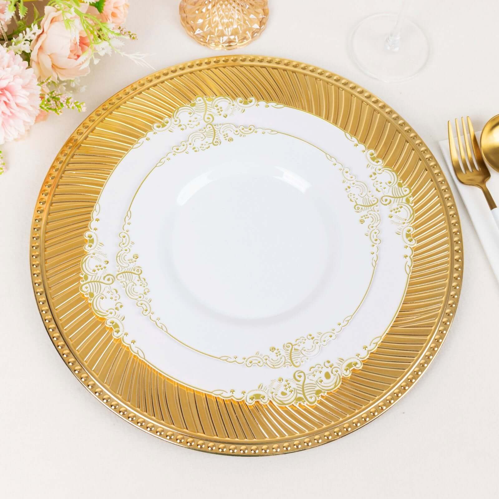 6 - Pack Acrylic Round Charger Plates 13" in Metallic Gold Swirl Pattern with Beaded Rim, Plastic Decorative Dinner Party Charger Tableware - Bell Racket Store